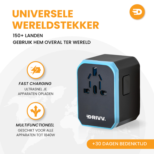 The Whavi Universal Travel Adapter (black/blue) with 4x USB & 1x USB-C Fast Charge can be used worldwide in 150+ countries. Includes icons, instructions on multi-functionality, and a 30-day return policy.