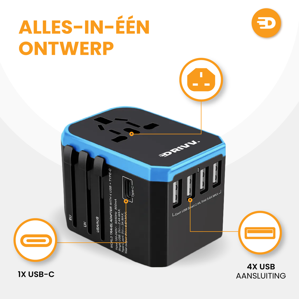 The Whavi Universal Travel Adapter has a blue top, 4 USB ports, 1 USB-C Fast Charge ultra-fast charger, and supports worldwide connectivity. The text highlights the all-in-one design and Fast Charge Technology.