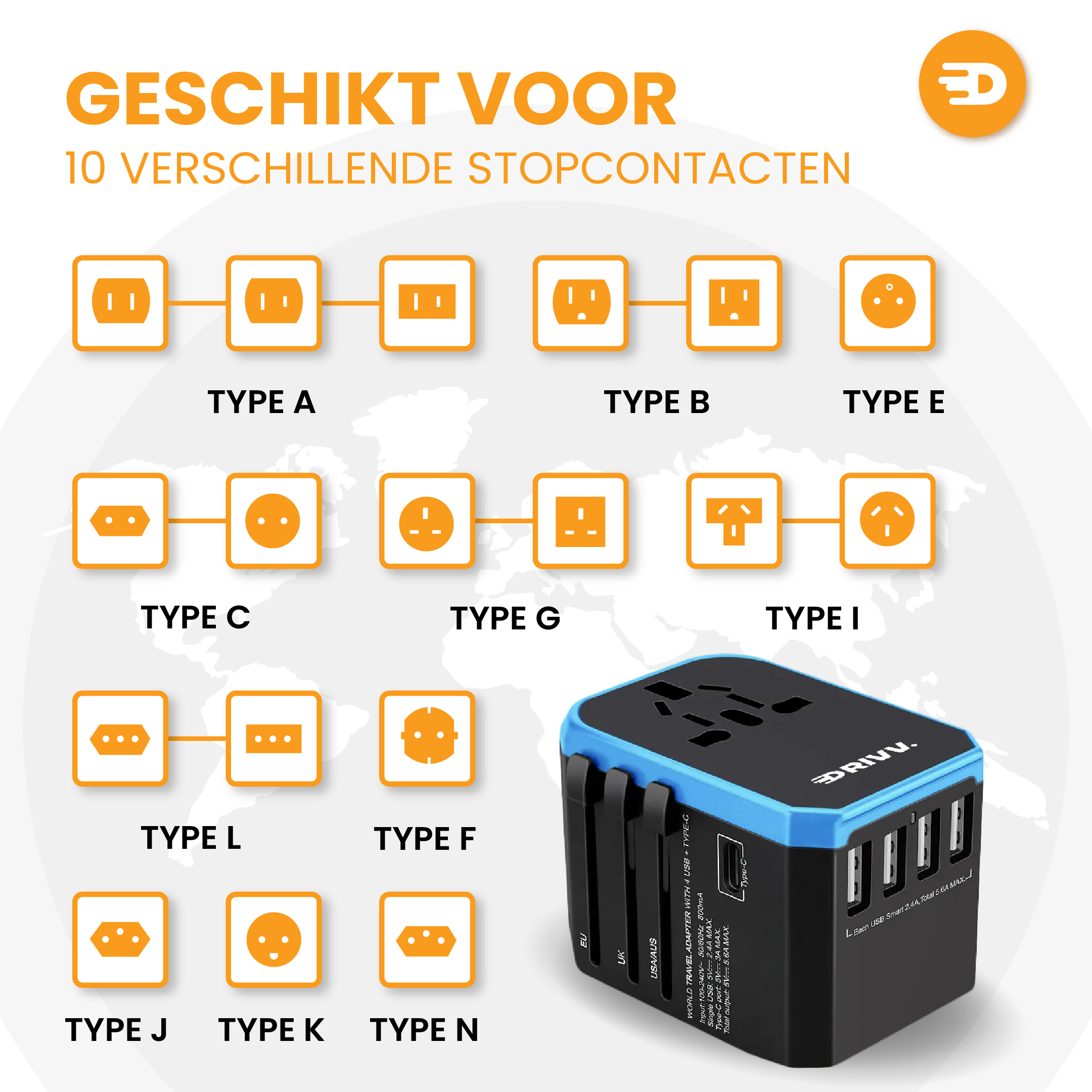 Whavi Universal Travel Adapter with 4 USB and 1 USB-C Fast Charge ports, compatible with plug types A, B, C, E, F, G, I, J, K & L; text highlights worldwide use. Icons and a world map background are visible.
