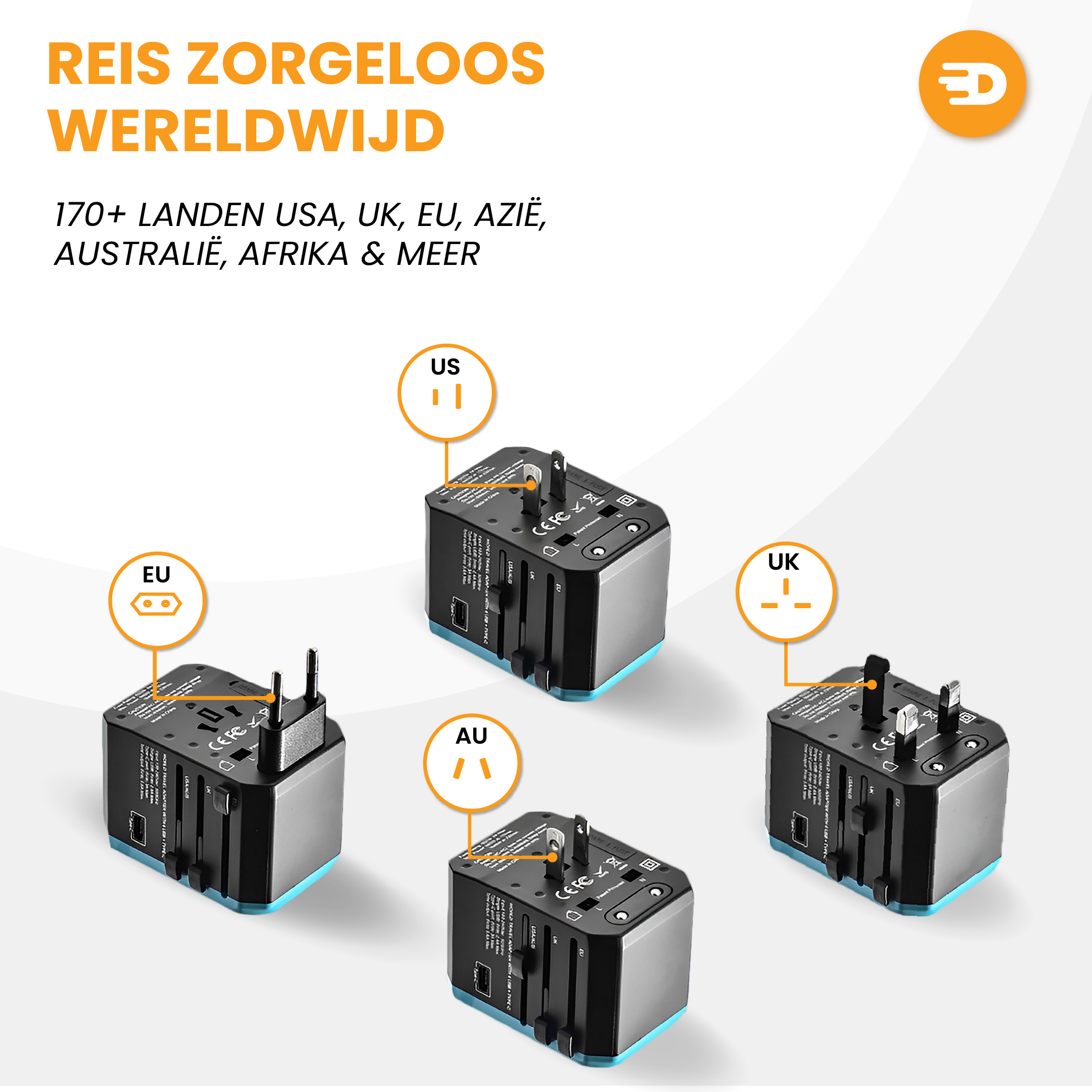 Four Whavi Universal Travel Adapters (for EU, US, UK, AU) laid out on a light background. Text at the top highlights worldwide convenience and USB-C Fast Charge in 170+ countries thanks to 4x USB & 1x USB-C ports.