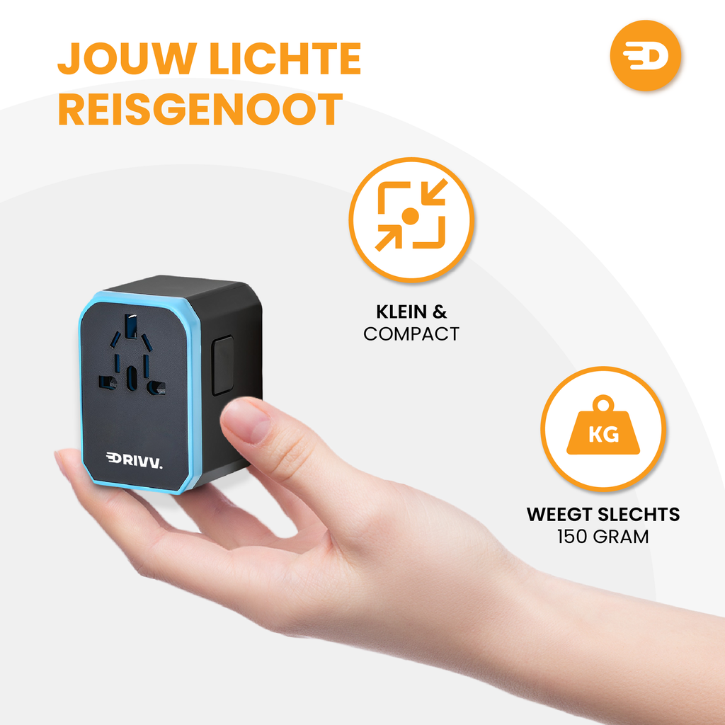 A hand holds the Whavi Universal Travel Adapter. Text highlights the light weight of 150 g. Orange icons show compactness and lightness, with USB-C Fast Charge on a white background.