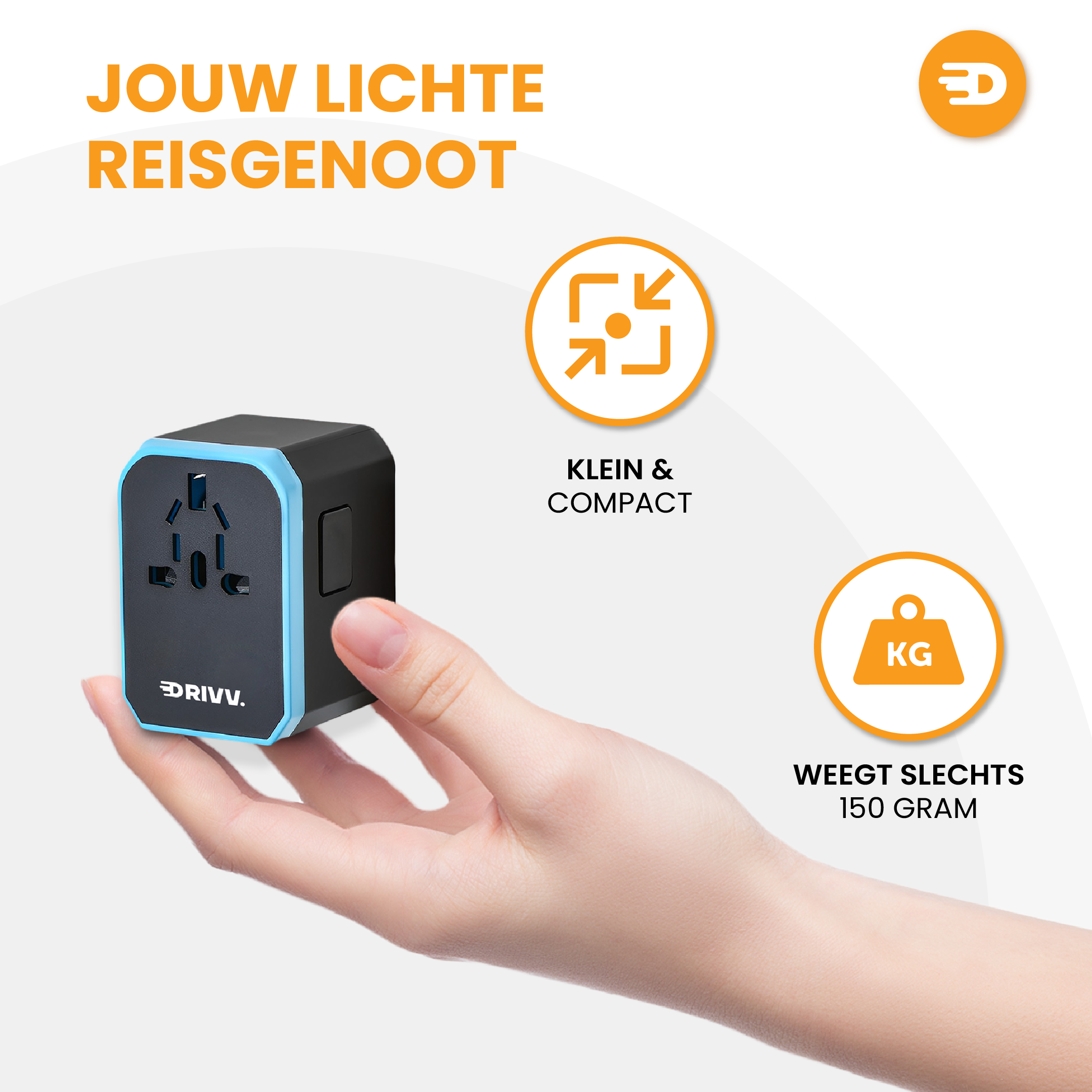 A hand holds the Whavi Universal Travel Adapter. Text highlights the light weight of 150 g. Orange icons show compactness and lightness, with USB-C Fast Charge on a white background.