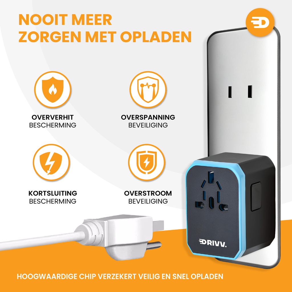 A black and blue Whavi Universal Travel Adapter with 4x USB & 1x USB-C Fast Charge is plugged into a wall outlet. Icons show protections against overheating, overvoltage, short circuit, and overcurrent. Text appears on an orange background.