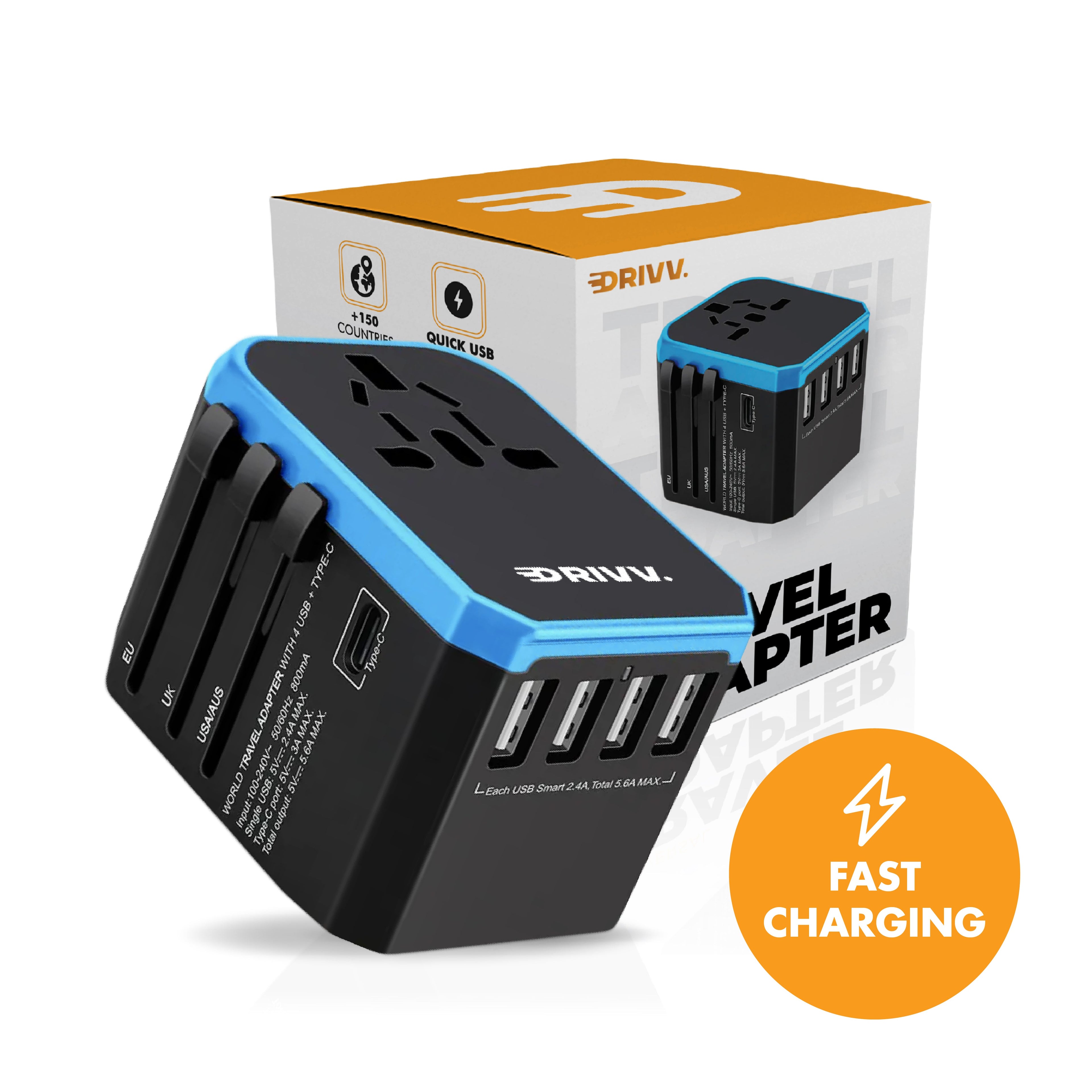 Whavi Universal Travel Adapter with 4x USB and 1x USB-C Fast Charge, suitable for worldwide use. The adapter and packaging display the brand, with an orange circle for Fast Charge Technology.