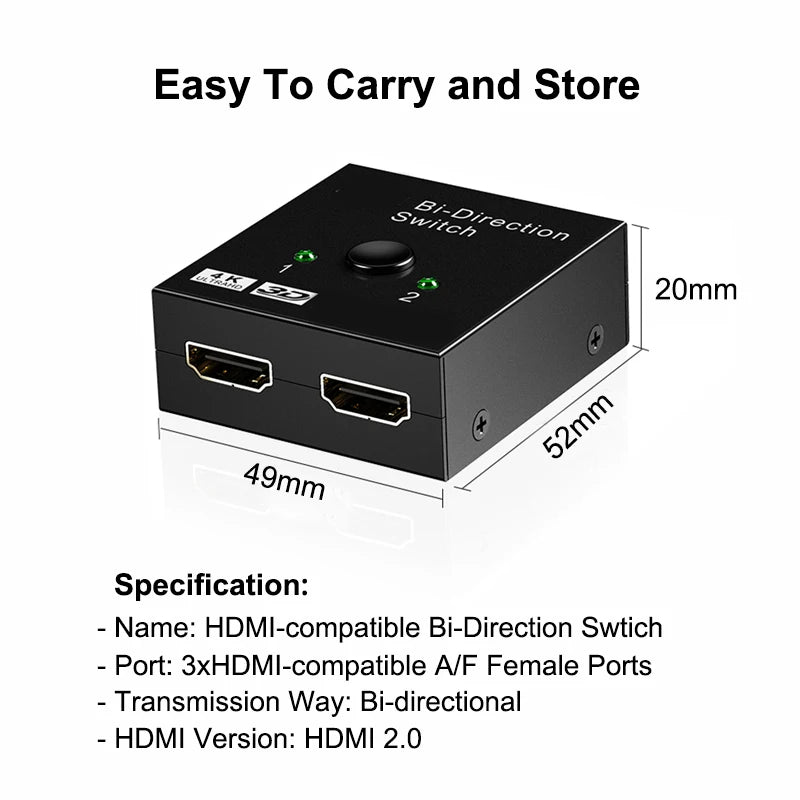 Whavi 4K HDMI Switch - 2-Port Bi-Directional Splitter