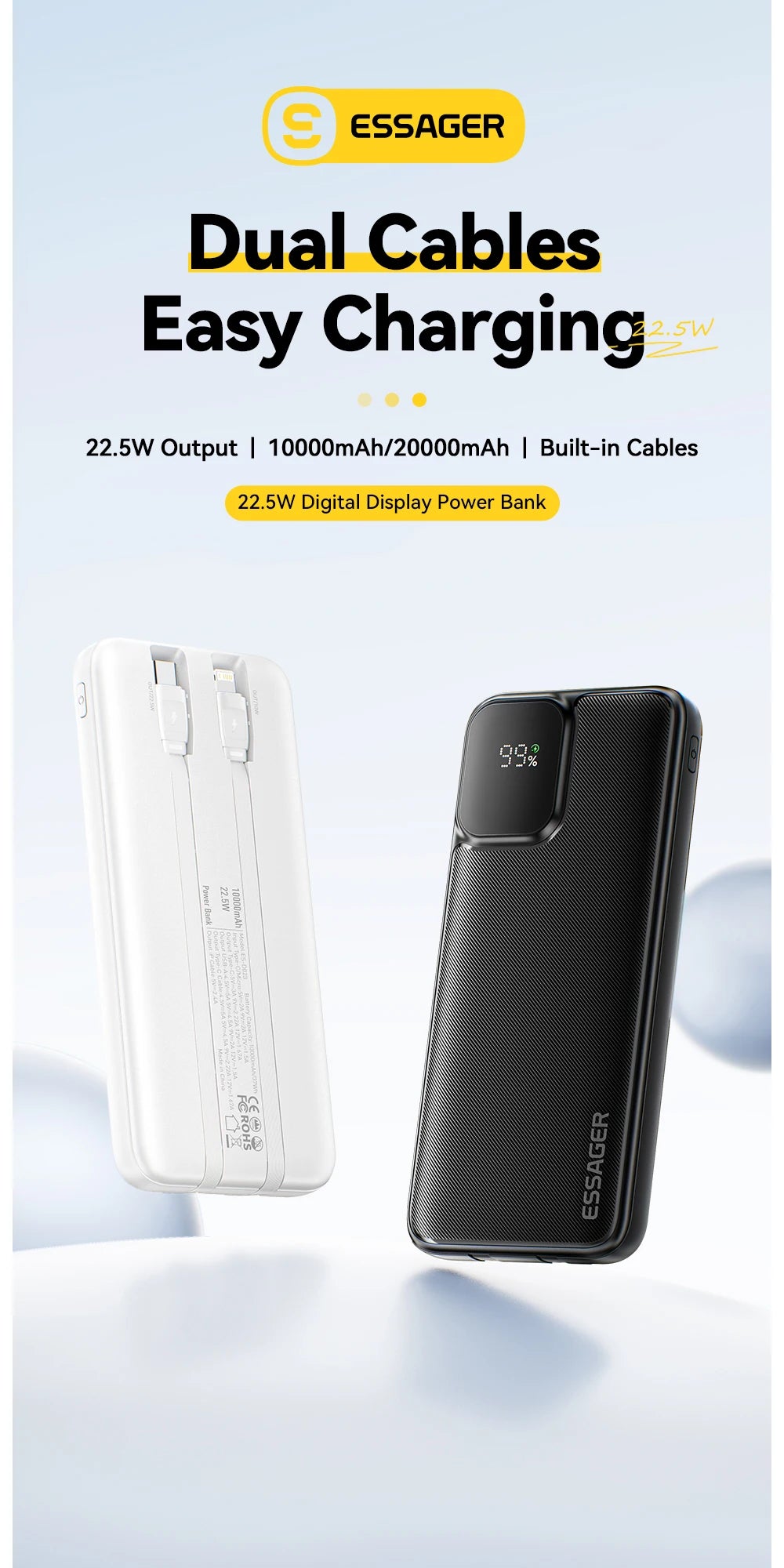 Whavi 20,000mAh Fast Charge Power Bank with Built-In Cables