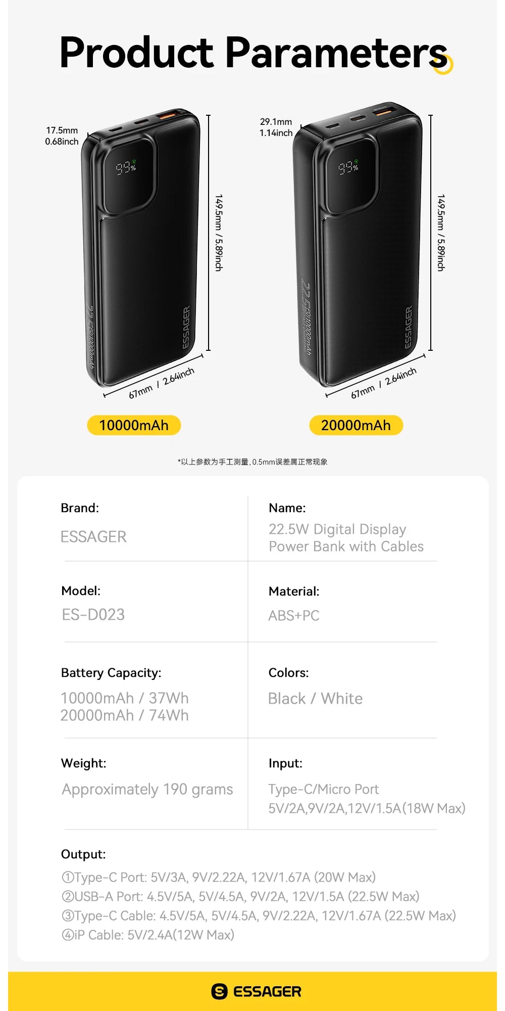 Whavi 20,000mAh Fast Charge Power Bank with Built-In Cables