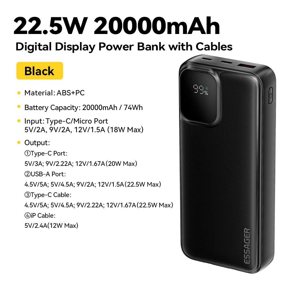 Whavi Fast Charge Power Bank with Built-In Cables - 10,000mAh / 20,000mAh