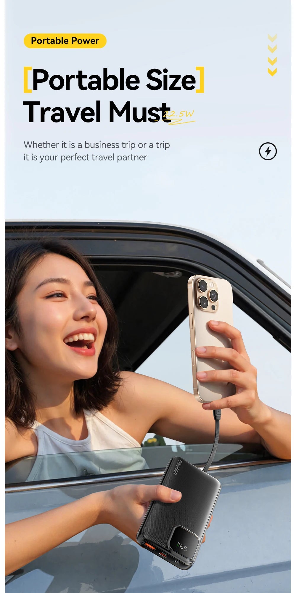 Whavi 20,000mAh Fast Charge Power Bank with Built-In Cables